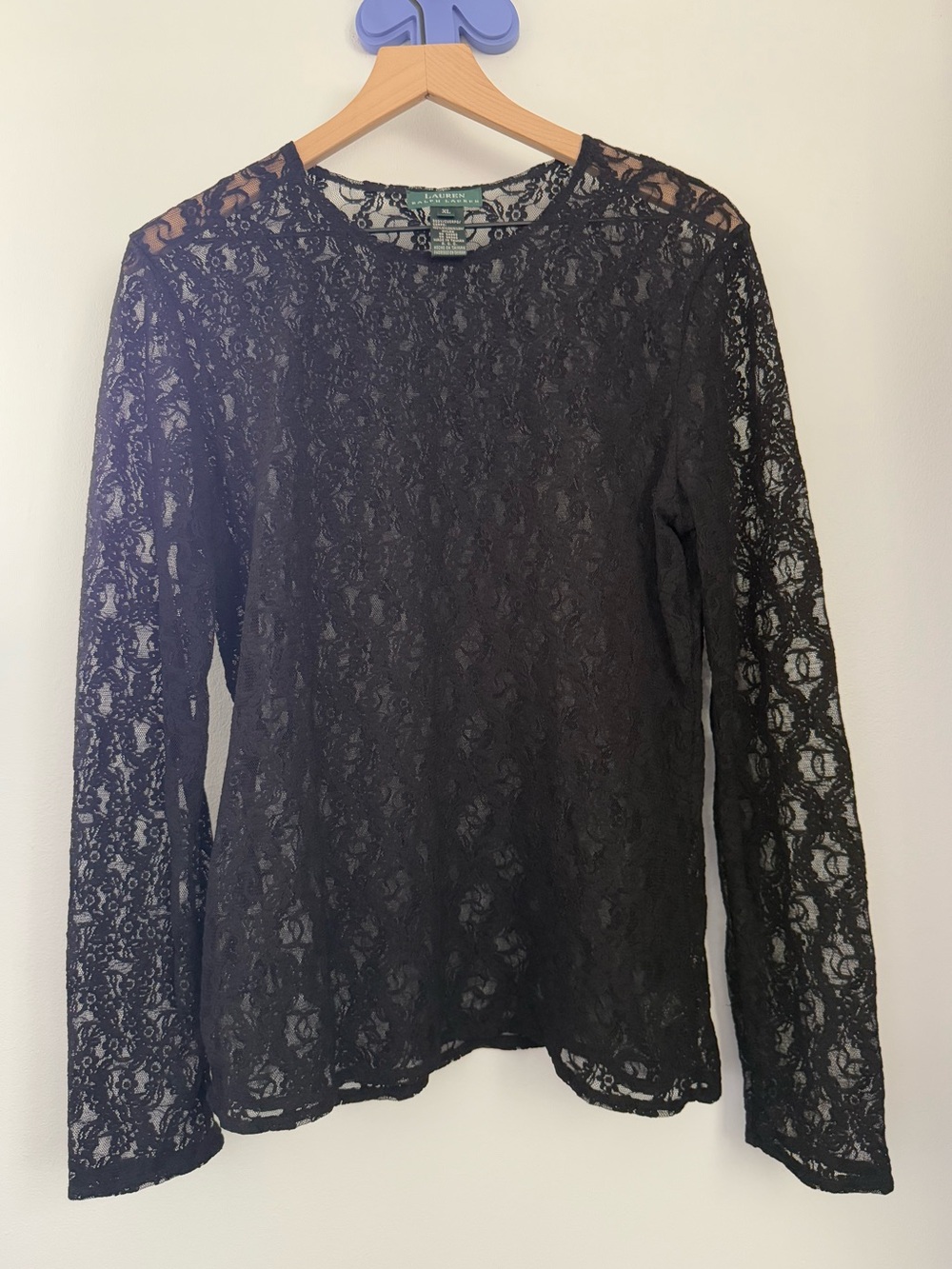Ralph Lauren XL Crew Long Sleeve Black Top Lace Whimsigoth Gothic Floral Sheer
